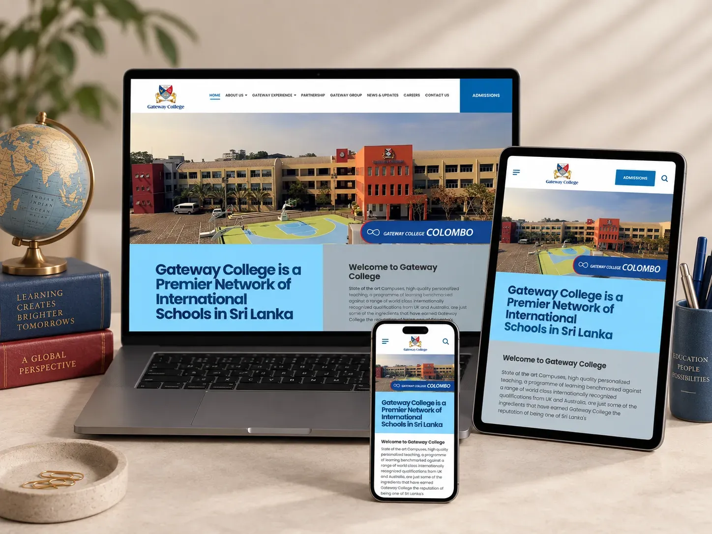 Gateway College website displayed across laptop, tablet and mobile devices in a studio setting