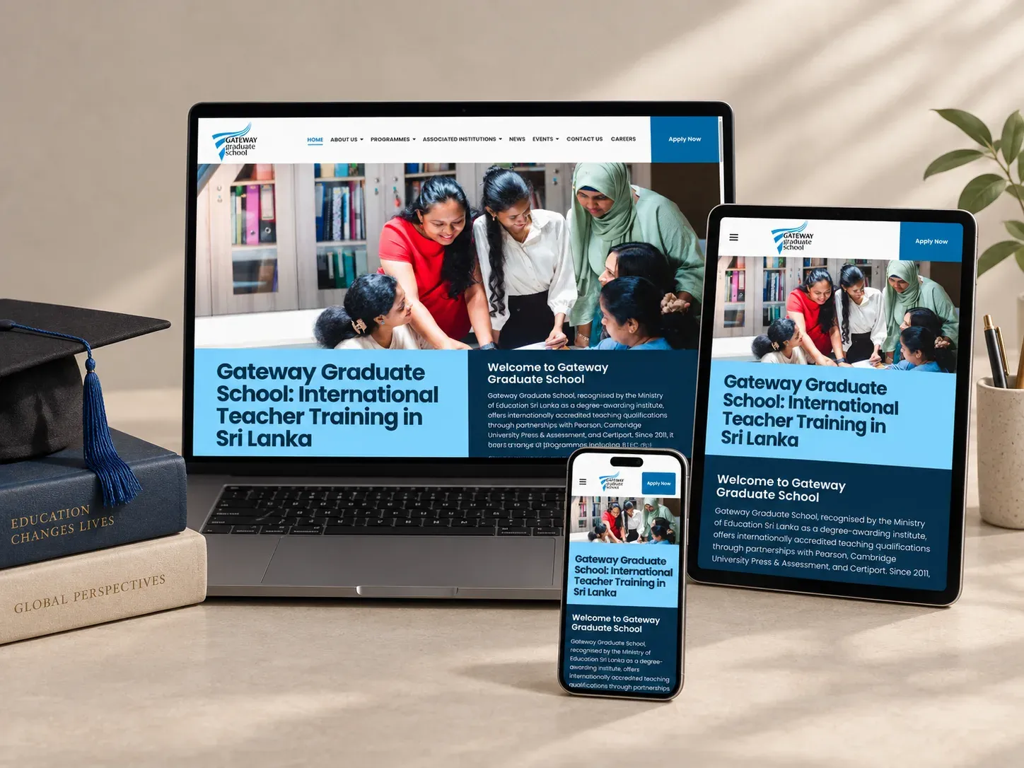 Gateway Graduate School website displayed across laptop, tablet and mobile devices in a studio setting