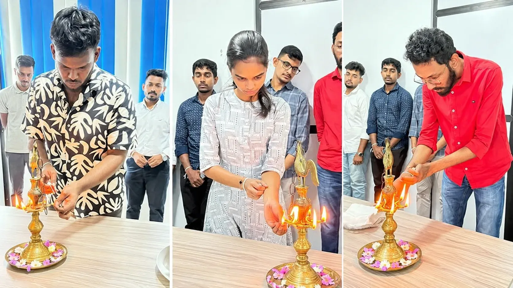 Konekt team members lighting the traditional oil lamp for the New Year