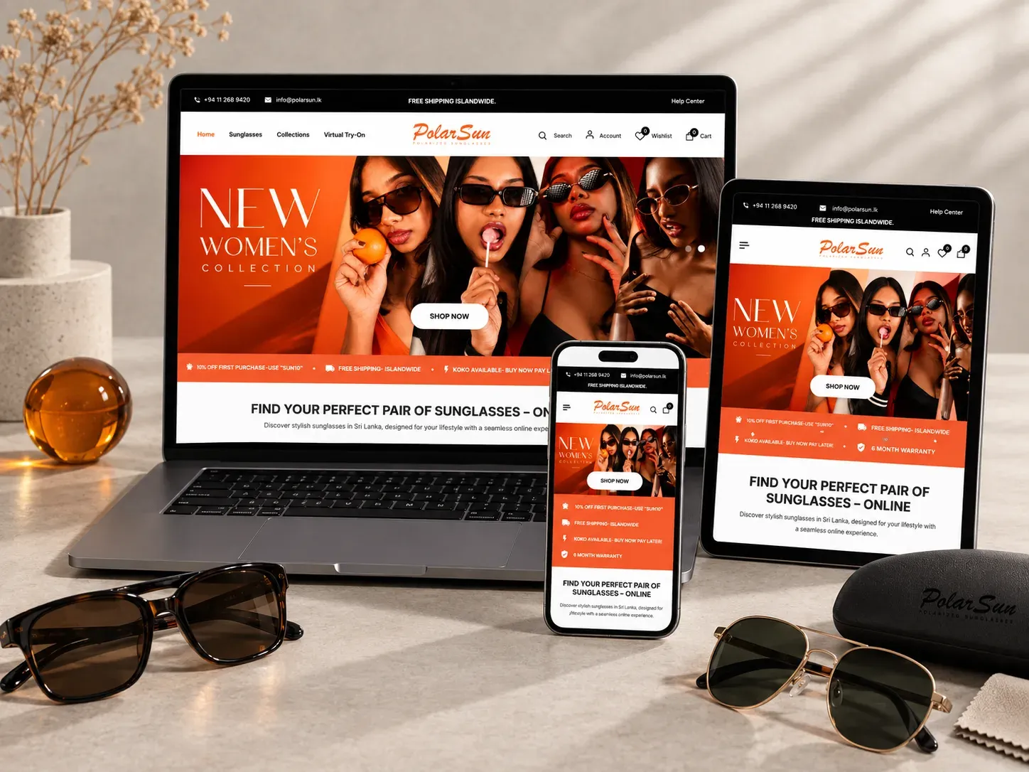 PolarSun Shopify store displayed across laptop, tablet and mobile devices with eyewear props