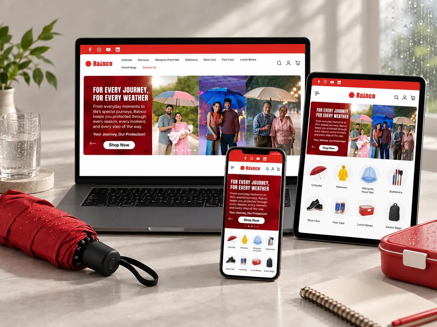 Rainco Shopify store displayed across laptop, tablet and mobile devices with umbrella and lifestyle props