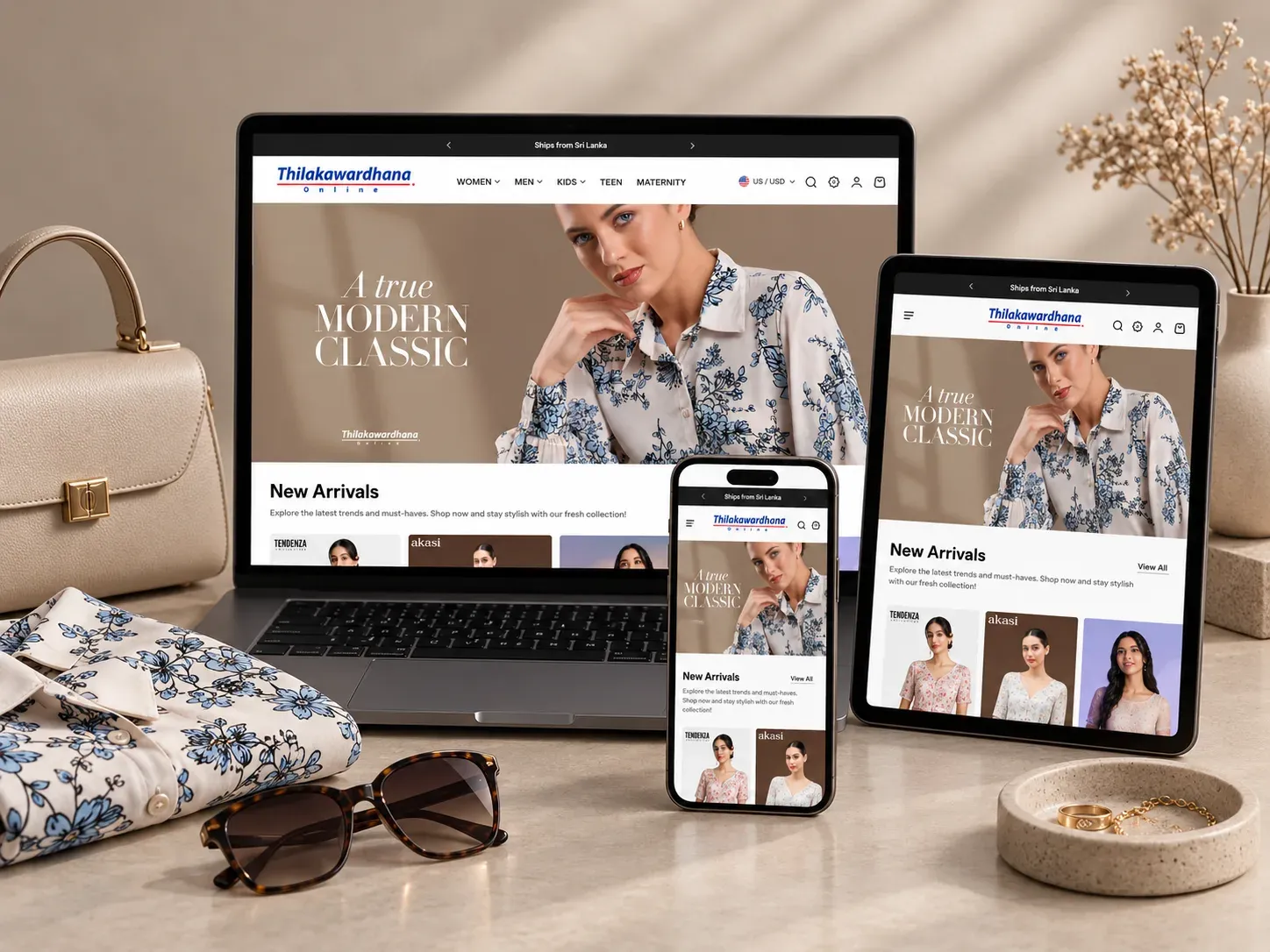 Thilakawardhana Global Shopify store displayed across laptop, tablet and mobile devices in a fashion studio setting