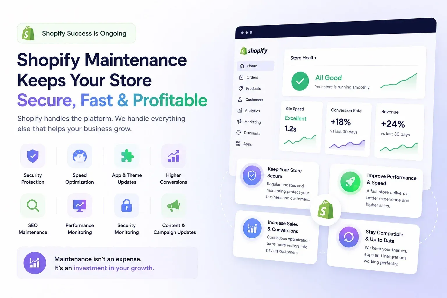 Infographic showing the business benefits of ongoing Shopify maintenance including security, speed, SEO, app updates and conversion optimization